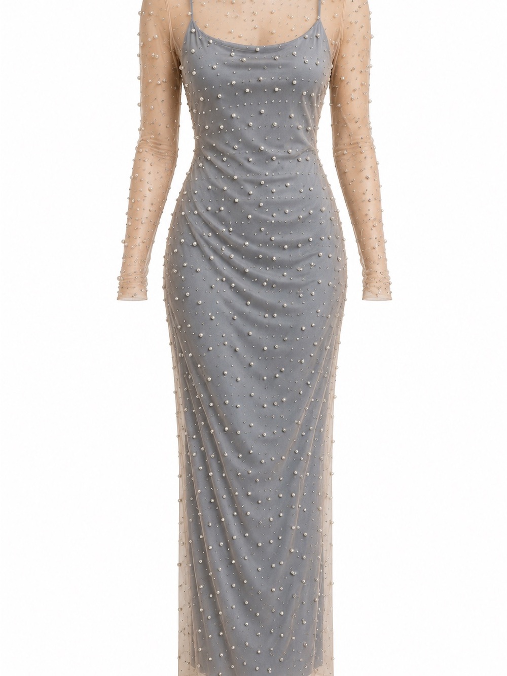 Elegant Pearl-Embellished Sheer Sleeve Gown